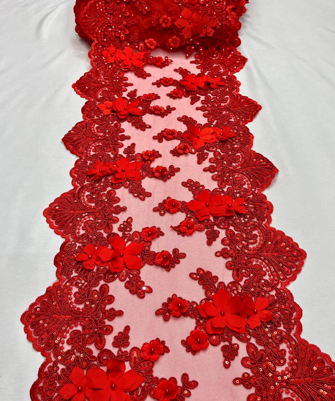 Red 3D Wide Floral Sequin & Mesh with Pearls Lace Trim for Table Runner 13"
